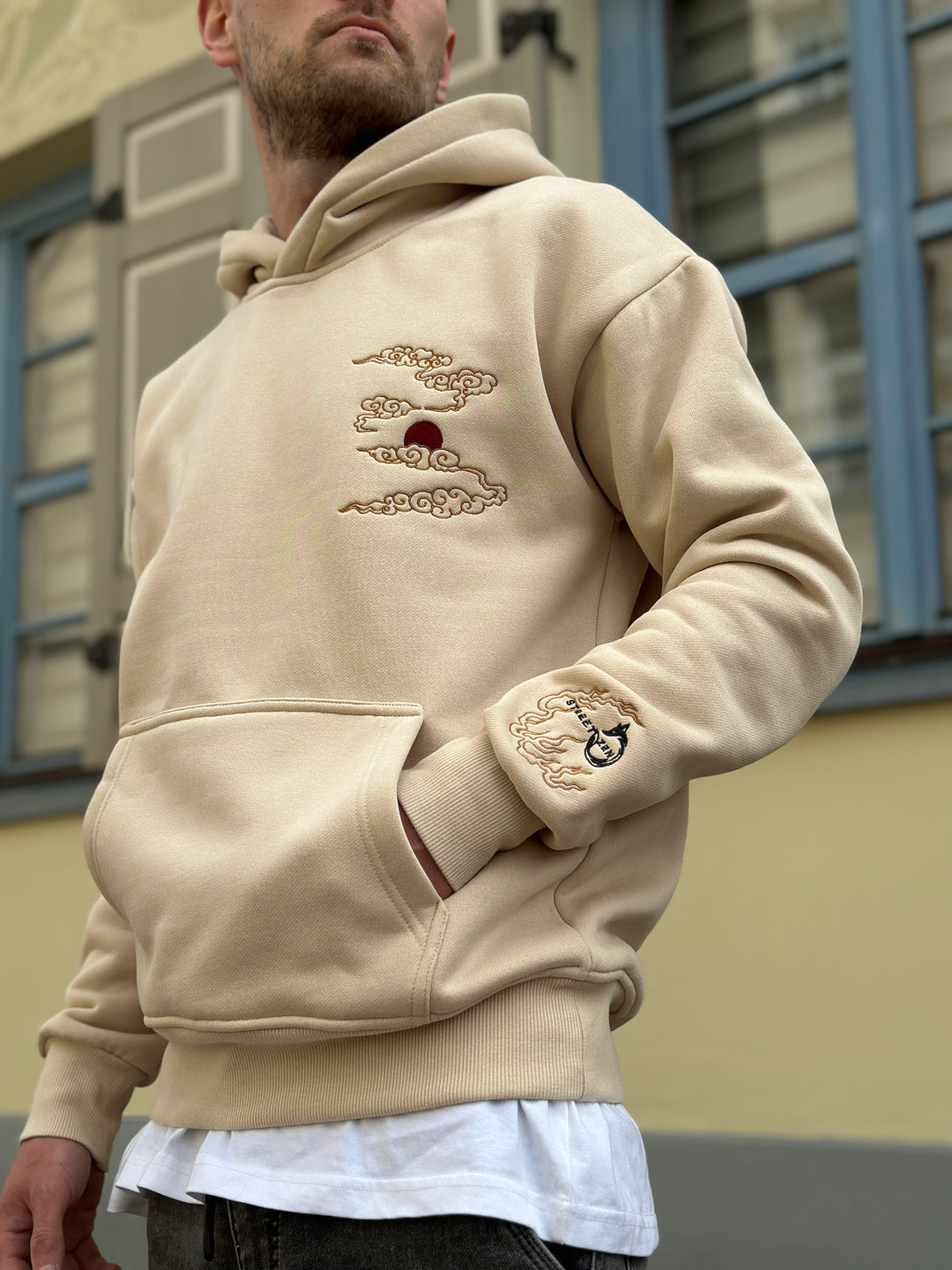 Heavy Embroidery Dragon-Tiger Hoodie 400GSM - Beige