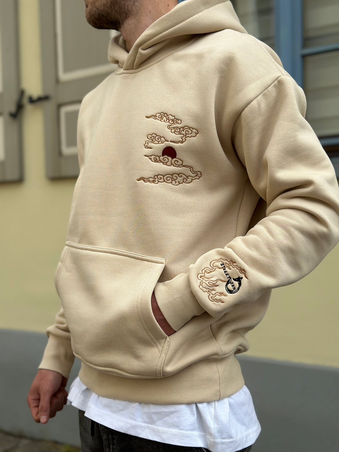 Heavy Embroidery Dragon-Tiger Hoodie 400GSM - Beige