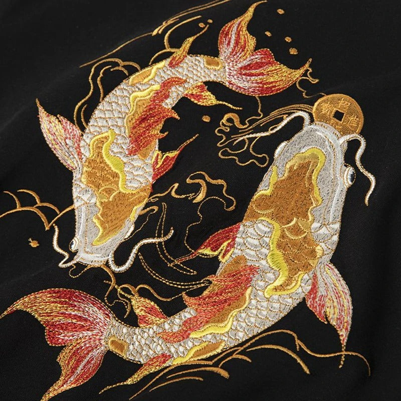 Tシャツ・カットソー COTTON T-SHIRT WITH EMBROIDERY Koi Fish Embroidery T Shirt Cotton – streetzen
