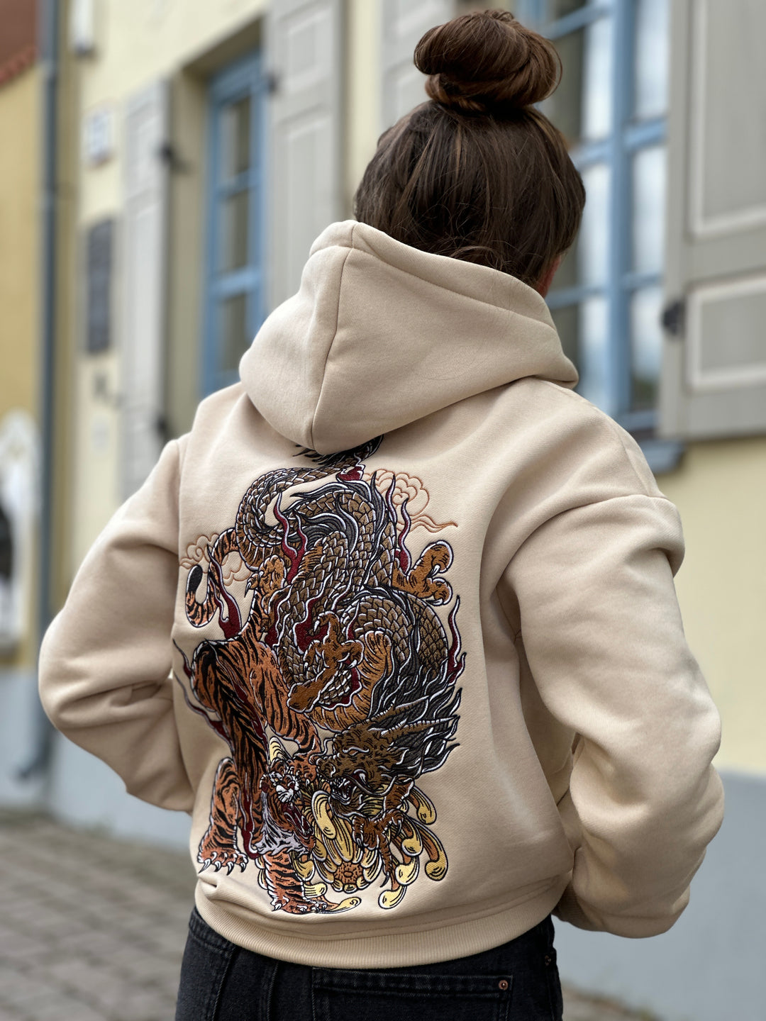 Heavy Embroidery Dragon-Tiger Hoodie 400GSM - Beige