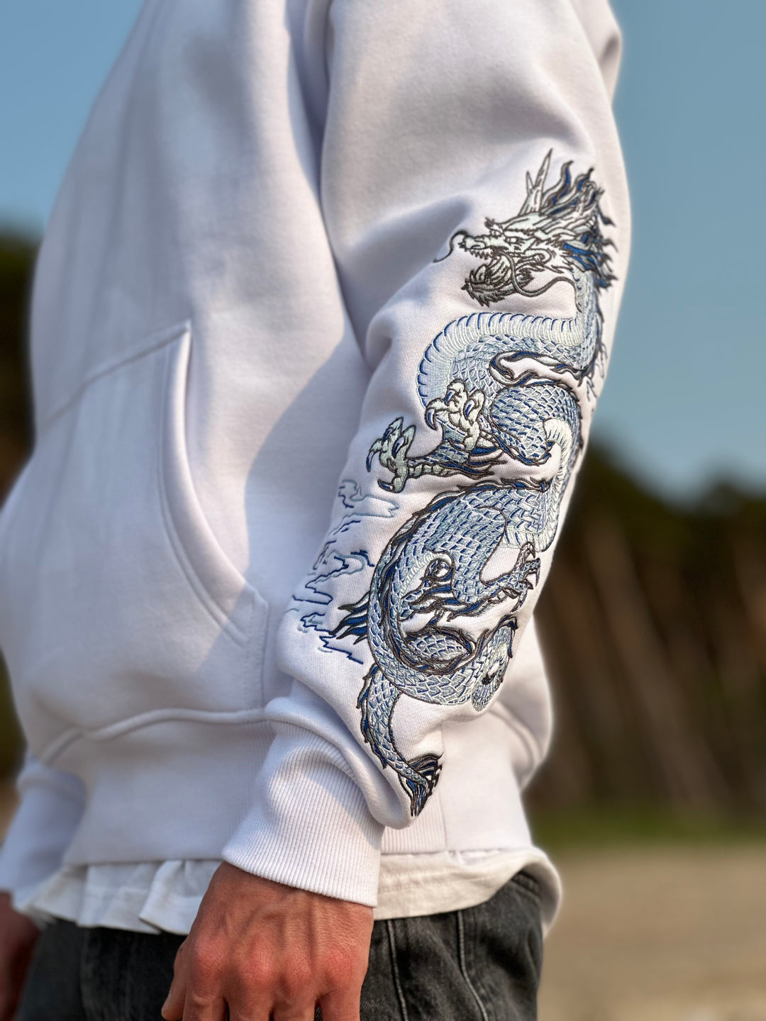 Sea Dragon Heavy Embroidery Hoodie 400GSM - Pearl White