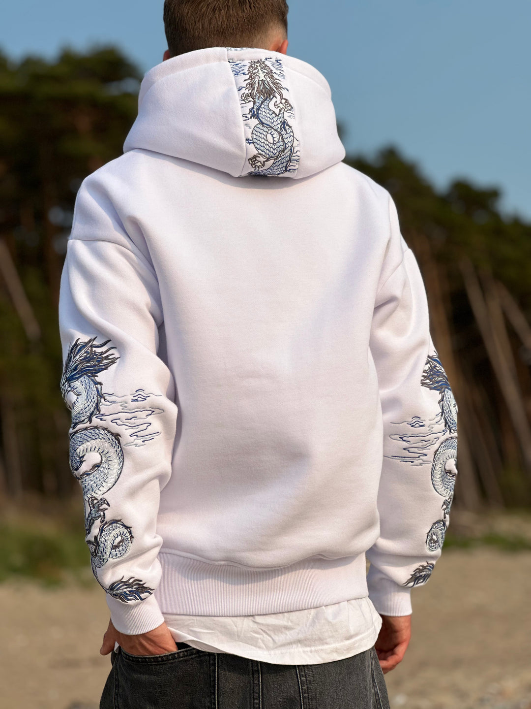Sea Dragon Heavy Embroidery Hoodie 400GSM - Pearl White