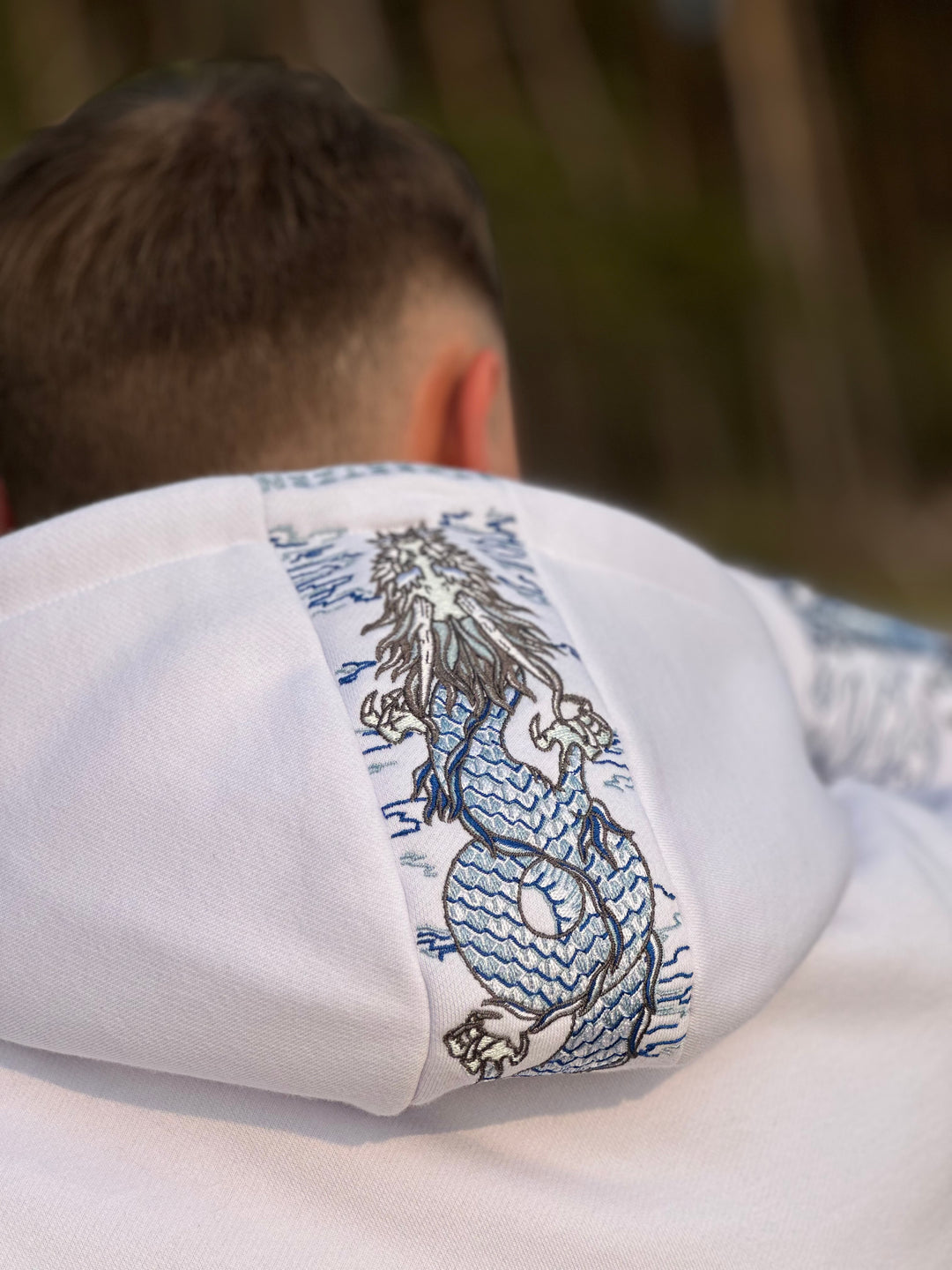 Sea Dragon Heavy Embroidery Hoodie 400GSM - Pearl White