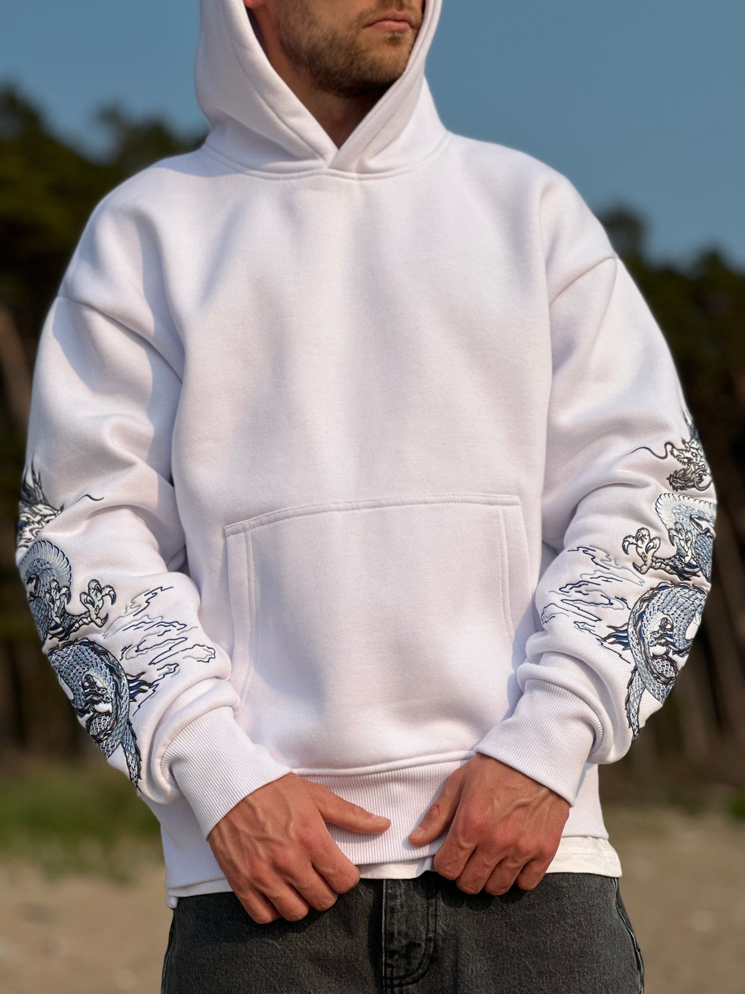 Sea Dragon Heavy Embroidery Hoodie 400GSM - Pearl White