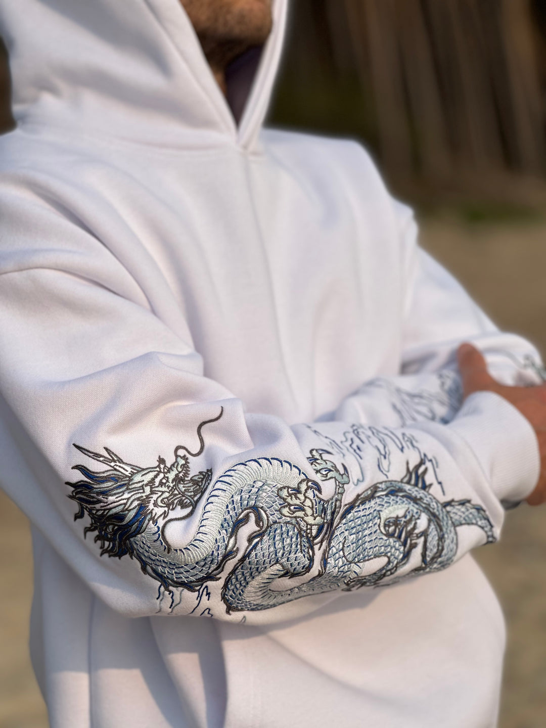 Sea Dragon Heavy Embroidery Hoodie 400GSM - Pearl White