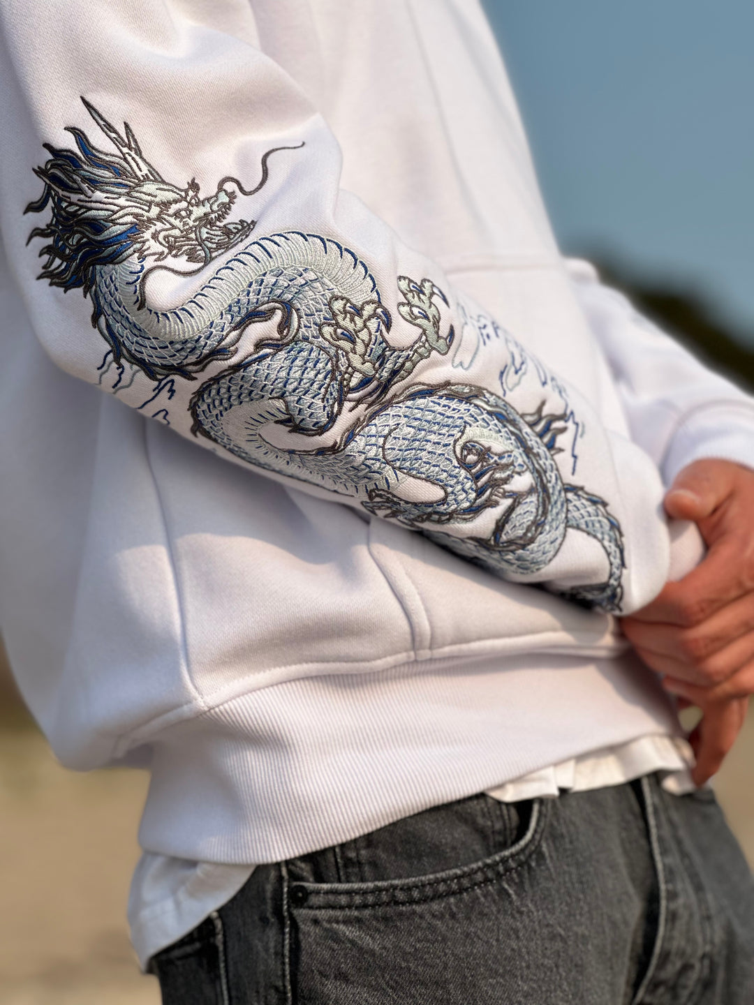Sea Dragon Heavy Embroidery Hoodie 400GSM - Pearl White
