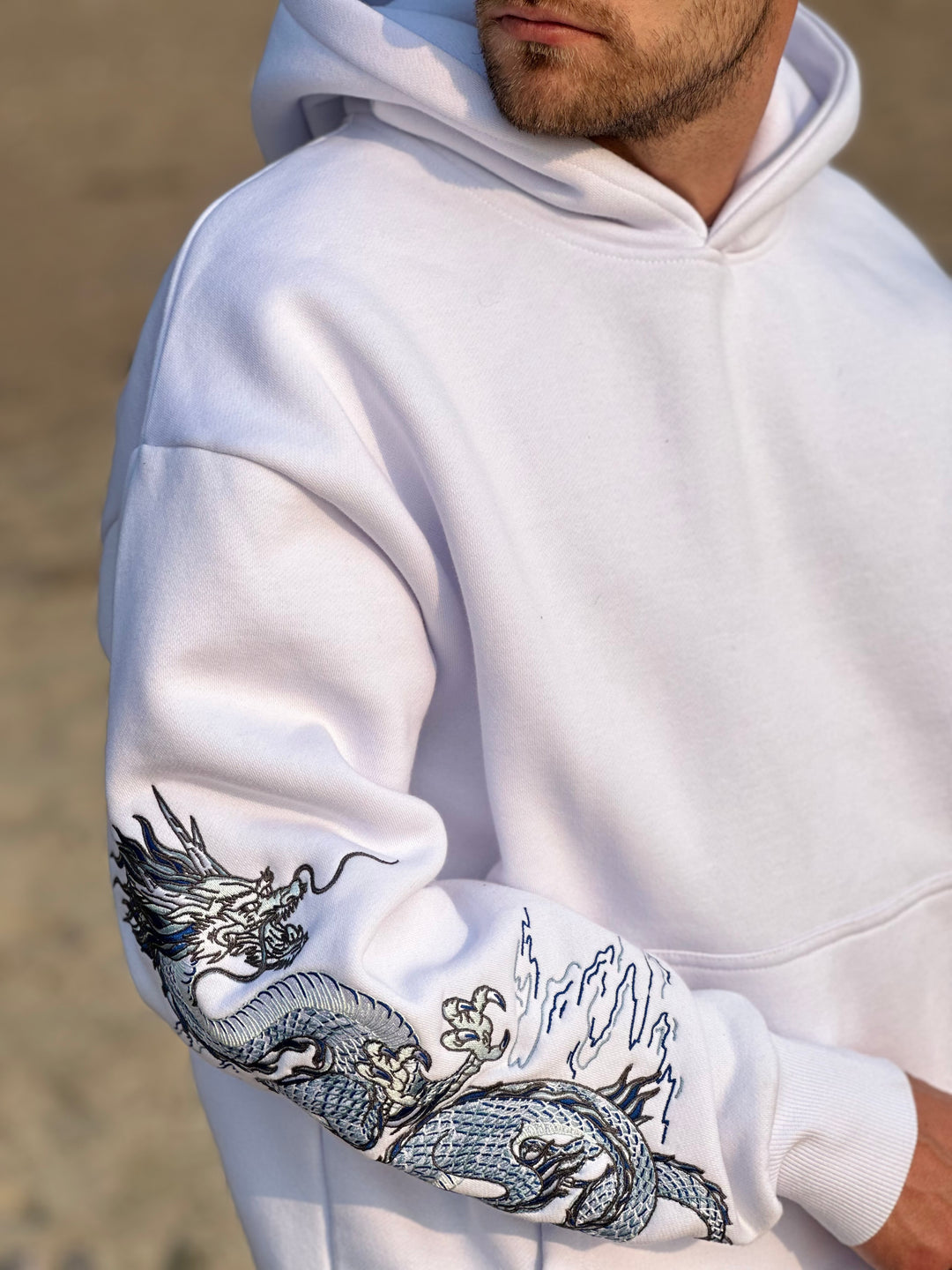 Sea Dragon Heavy Embroidery Hoodie 400GSM - Pearl White