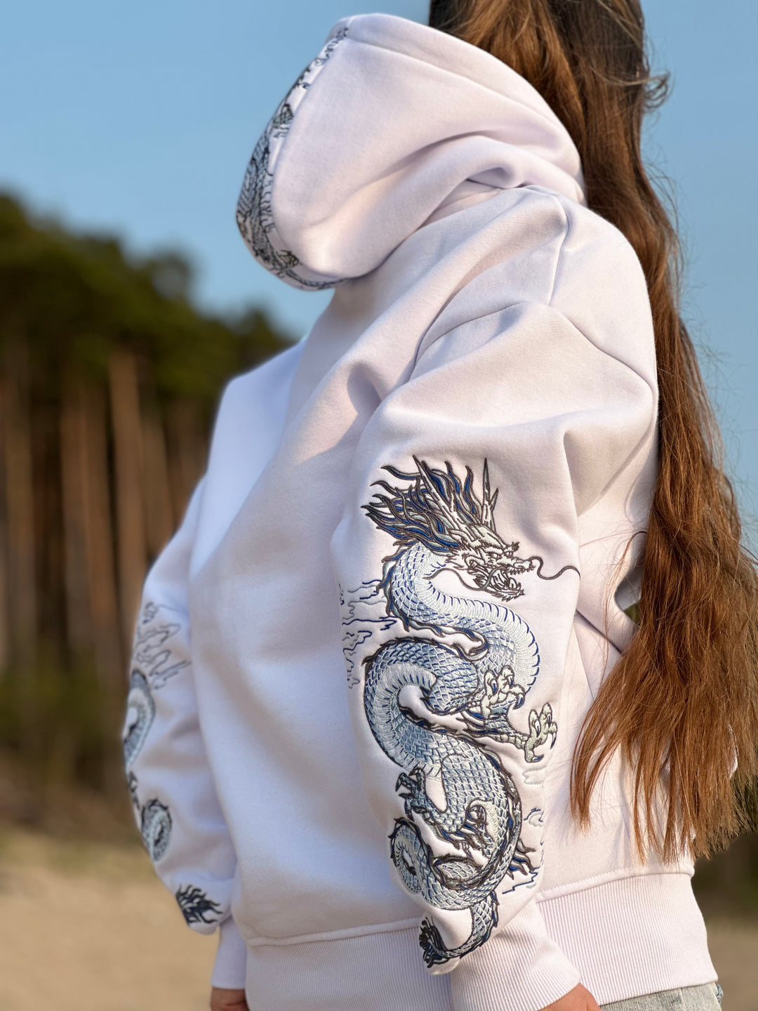 Sea Dragon Heavy Embroidery Hoodie 400GSM - Pearl White