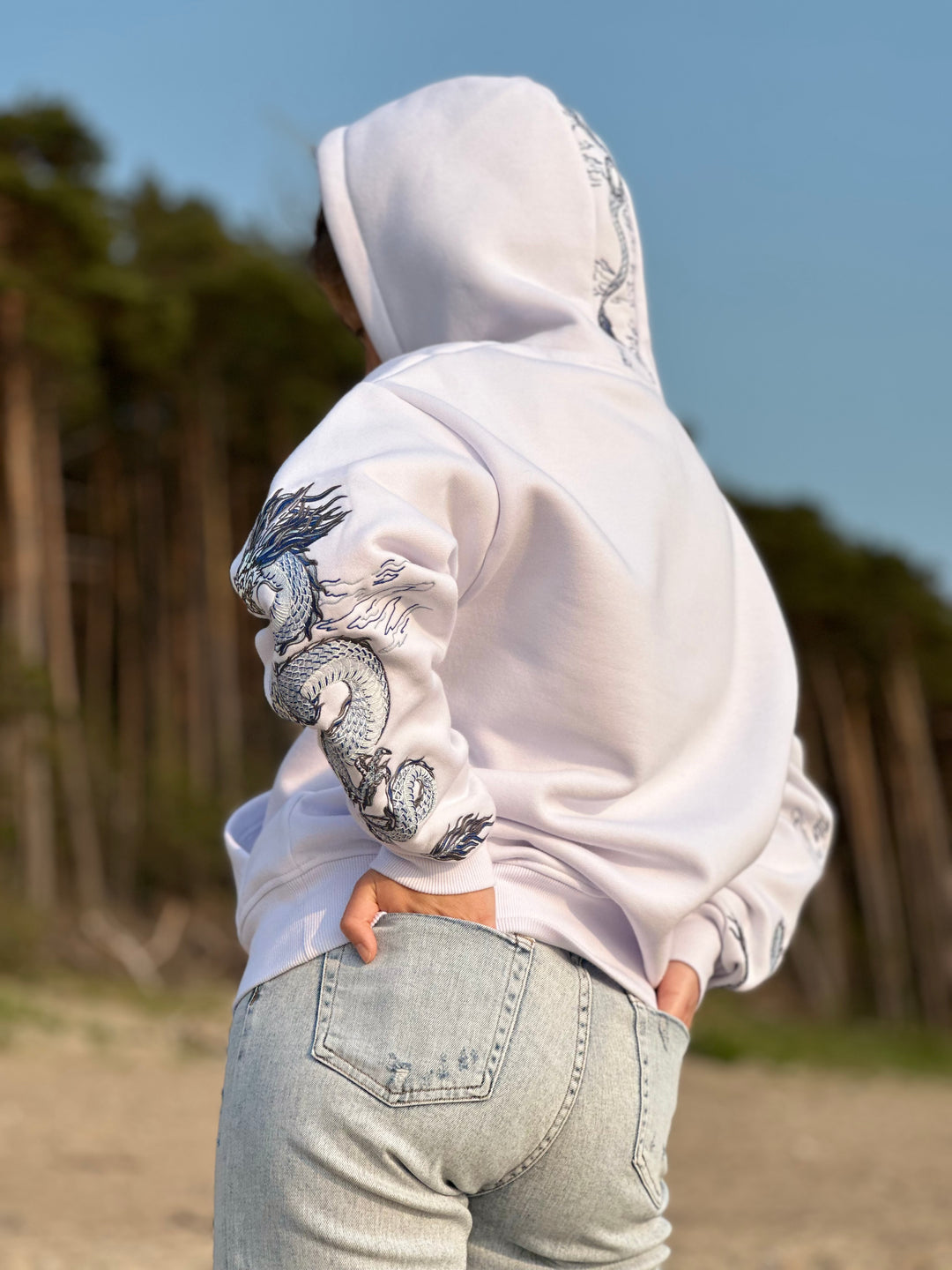 Sea Dragon Heavy Embroidery Hoodie 400GSM - Pearl White