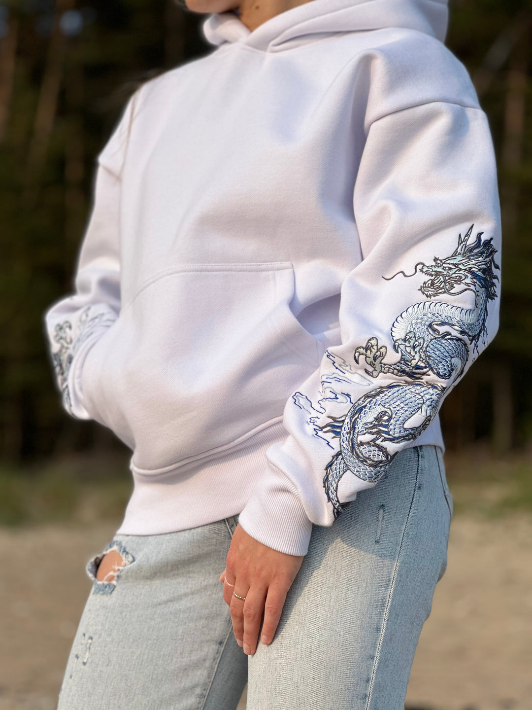 Sea Dragon Heavy Embroidery Hoodie 400GSM - Pearl White