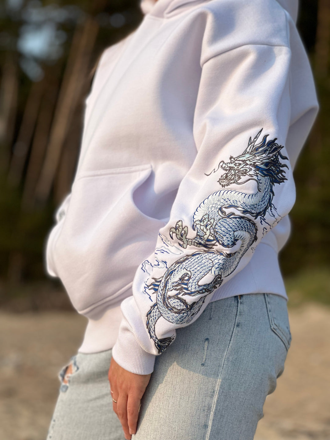 Sea Dragon Heavy Embroidery Hoodie 400GSM - Pearl White