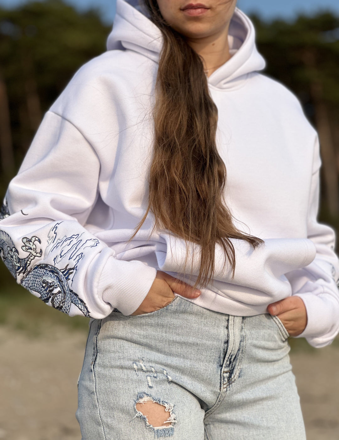 Sea Dragon Heavy Embroidery Hoodie 400GSM - Pearl White