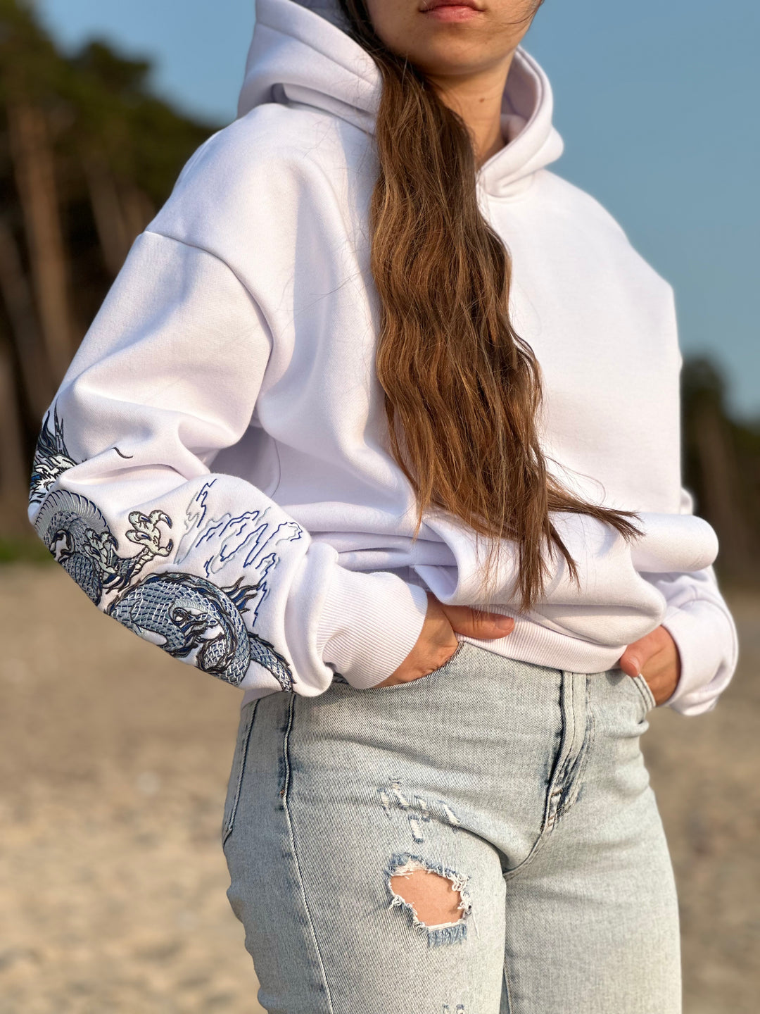 Sea Dragon Heavy Embroidery Hoodie 400GSM - Pearl White