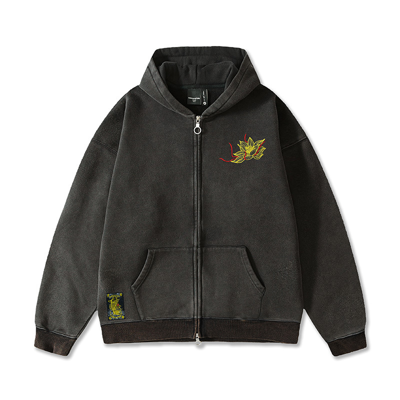 Faded - Embroidered Lotus - Oriental Style Hoodie