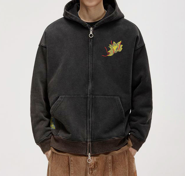 Faded - Embroidered Lotus - Oriental Style Hoodie