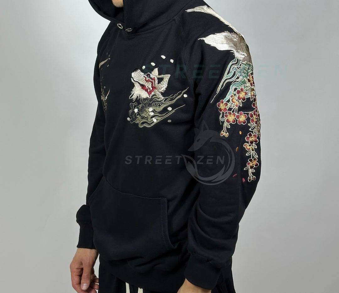 Nine Tailed Fox Kitsune Embroidered Hoodie, Yokosuka Pullover