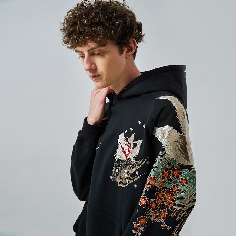 Nine Tailed Fox Kitsune Embroidered Hoodie, Yokosuka Pullover