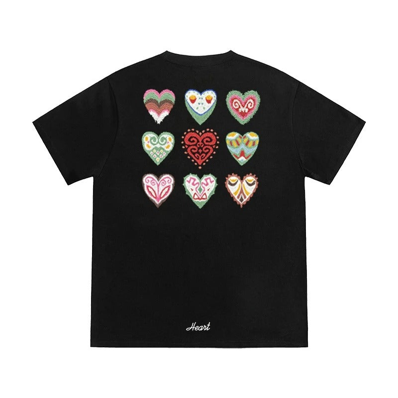 Camiseta bordada de corazones étnicos, Japan Street Style (Unisex)