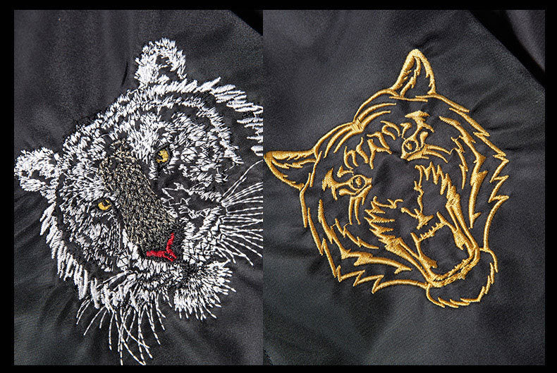 White & Golden Tiger Embroidered Bomber Jacket