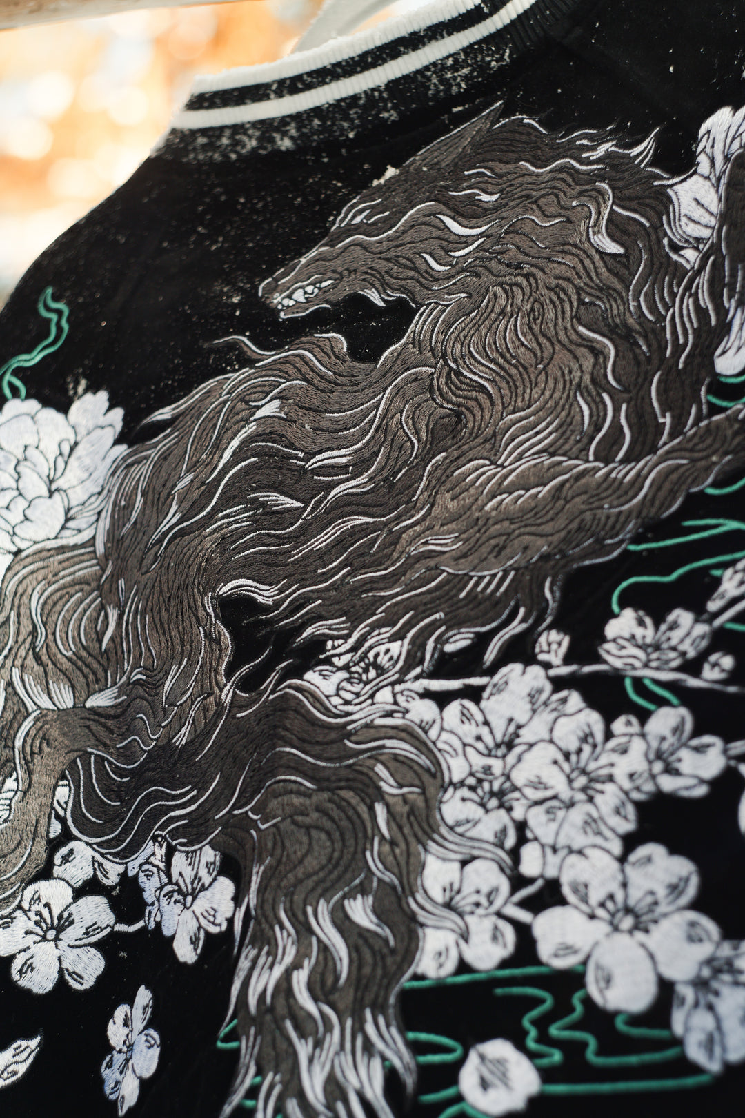 Midnight Wolf Embroidery Velvet Jacket - Unisex - Obsidian Black
