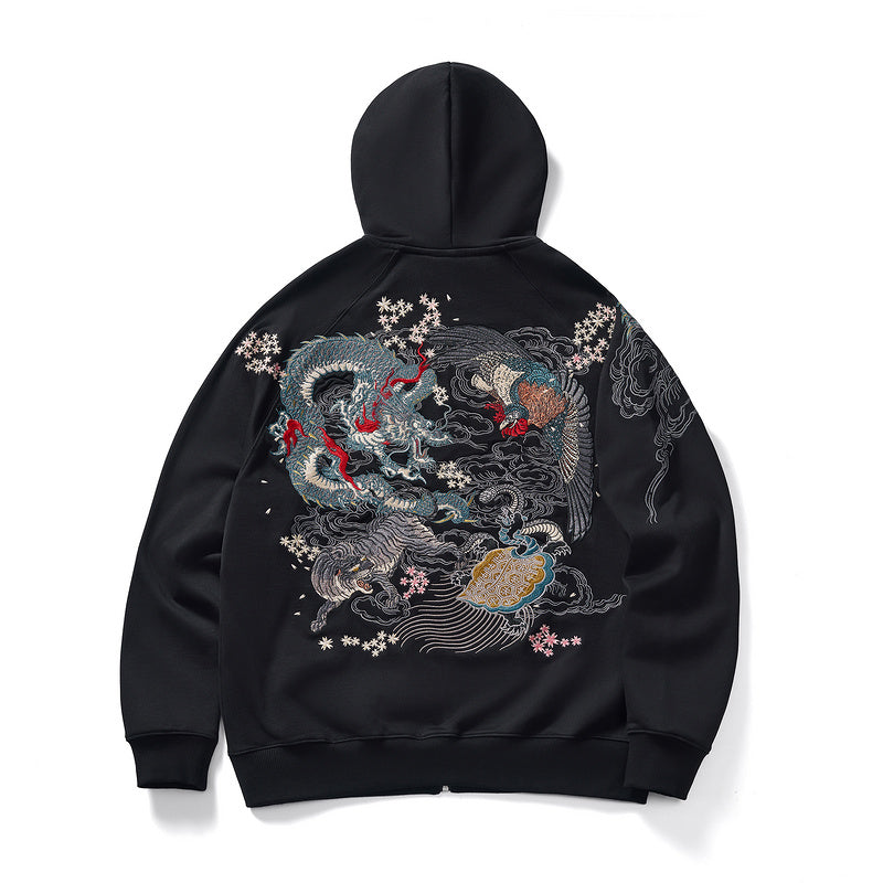 Mythical Beasts bestickter Kapuzenpullover mit Reißverschluss – Unisex-Passform