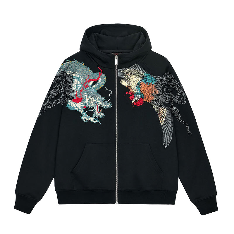 Mythical Beasts bestickter Kapuzenpullover mit Reißverschluss – Unisex-Passform