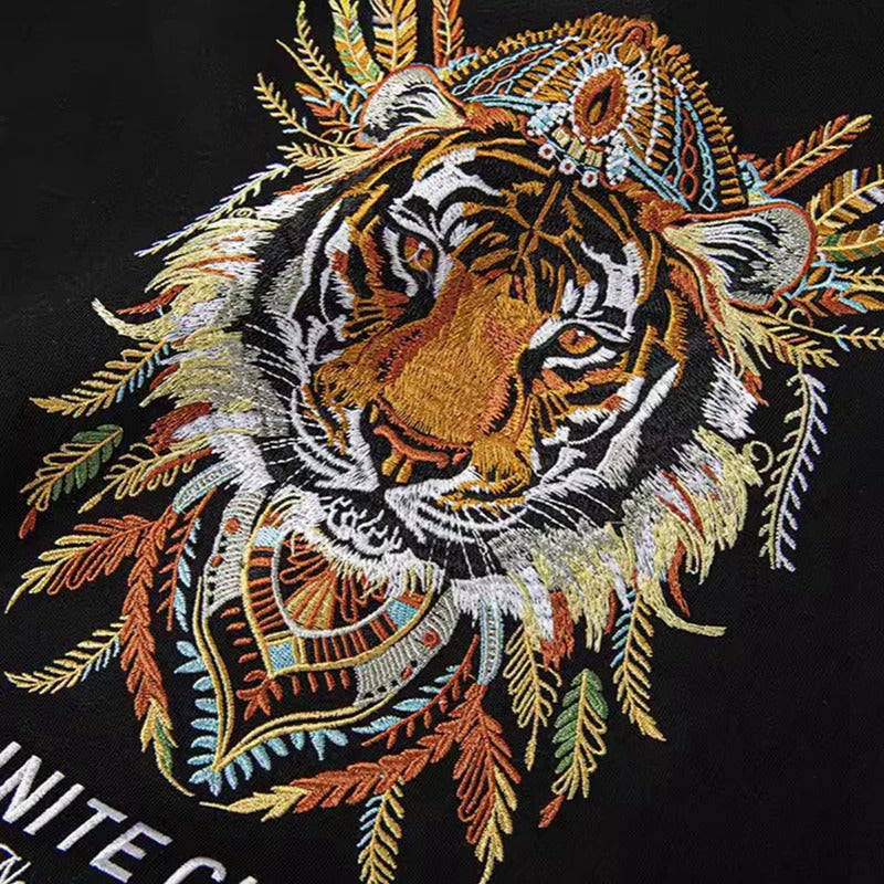 Feathered Tiger Embroidery T Shirt Cotton