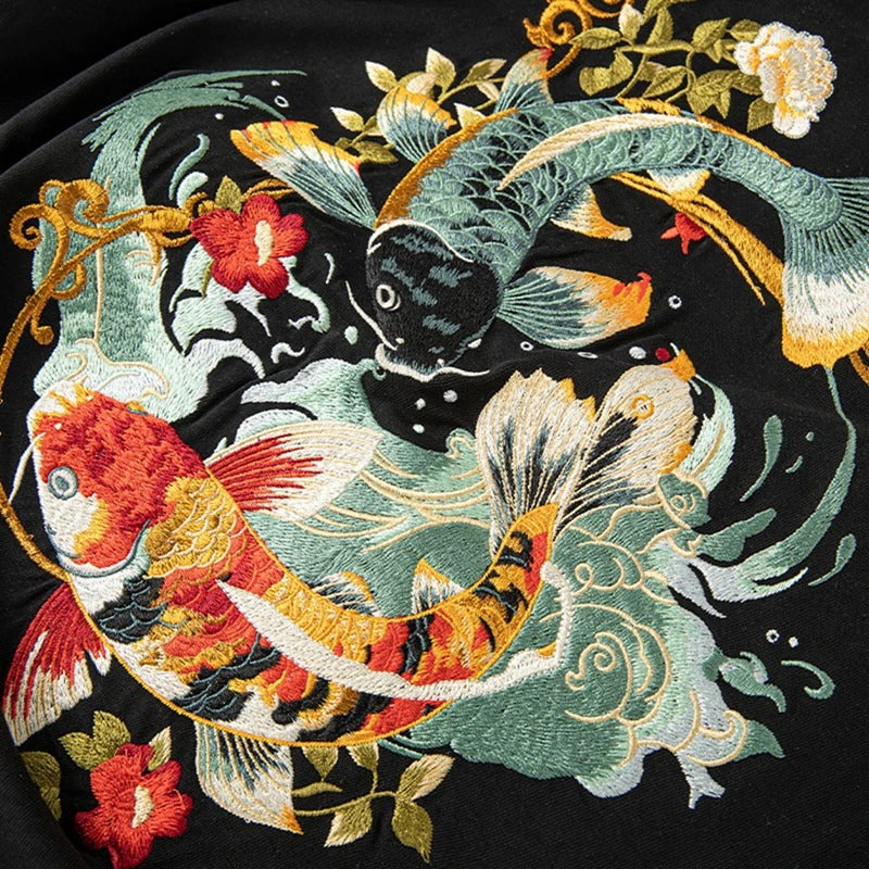 T-Shirt aus Baumwolle mit Koi-Fisch-Stickerei