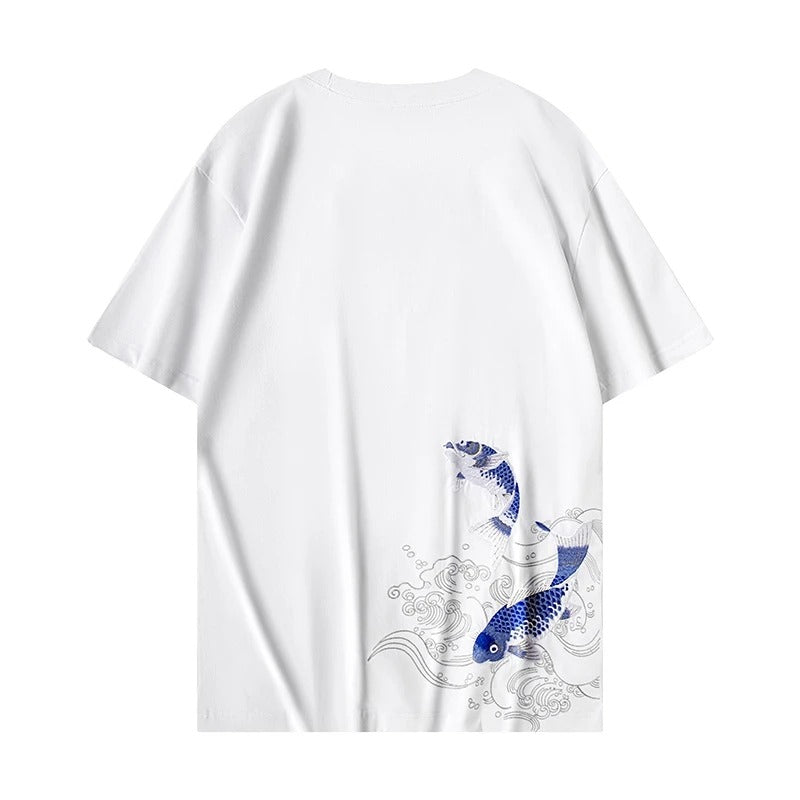 Blue Koi Fish Embroidery T Shirt Cotton