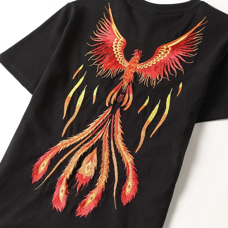 Besticktes Burning Phoenix-T-Shirt, japanischer Streetstyle (Unisex)