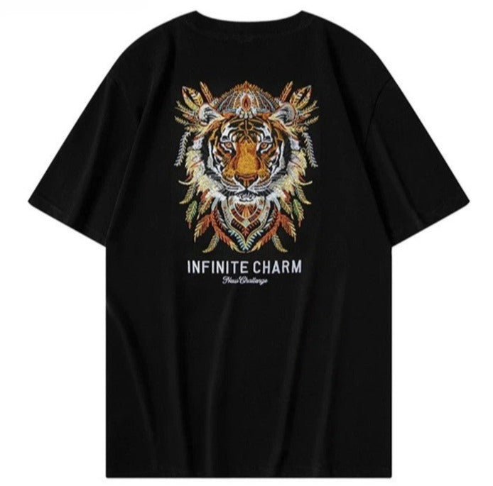 Feathered Tiger Embroidery T Shirt Cotton