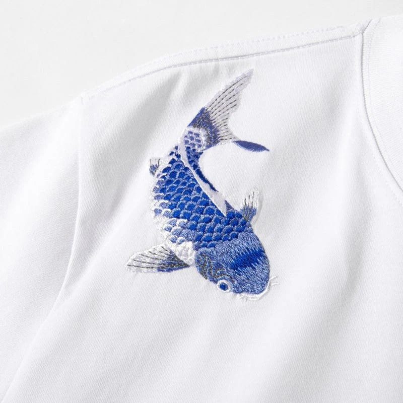 Blue Koi Fish Embroidery T Shirt Cotton