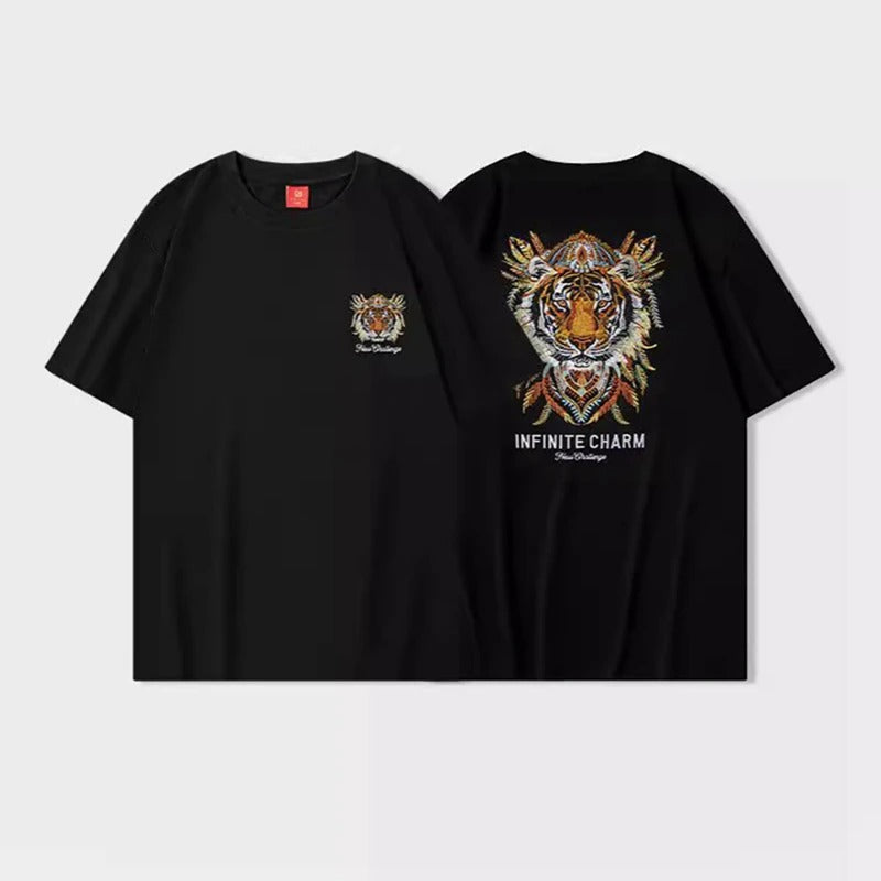 Feathered Tiger Embroidery T Shirt Cotton