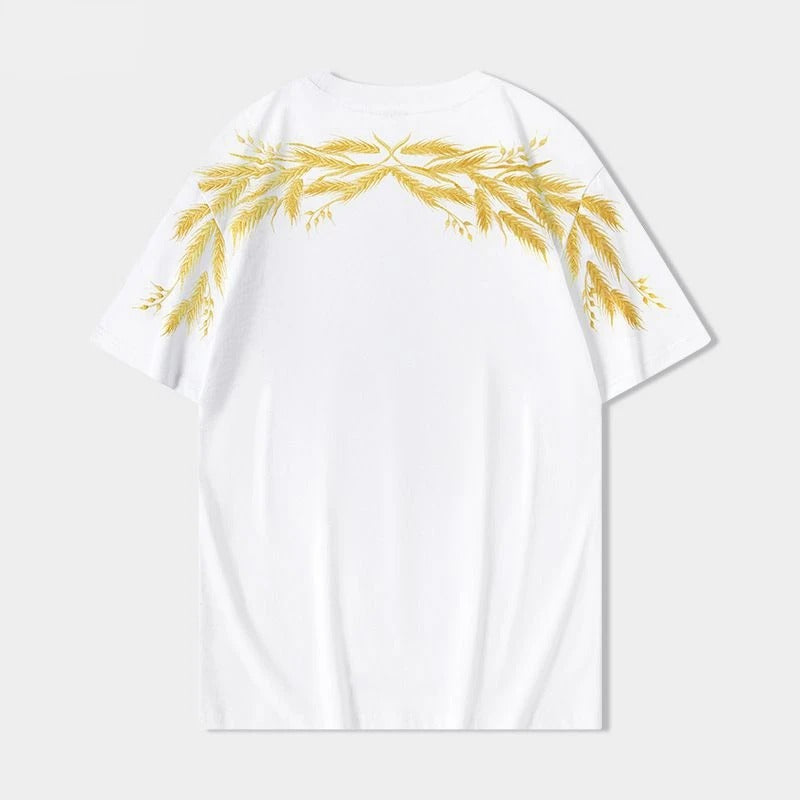 Embroidered Wheat Pattern Cotton T Shirt