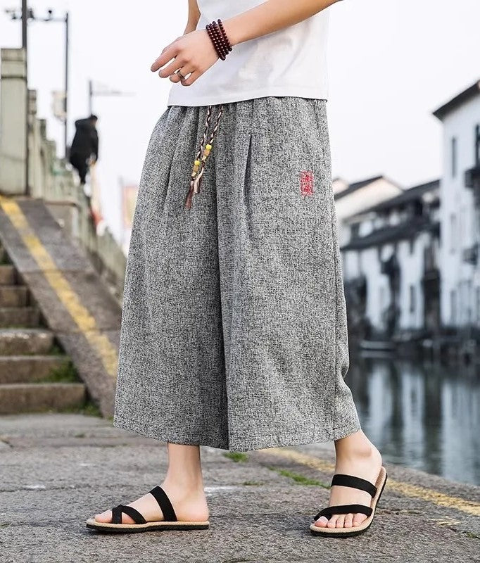 Vintage Style Embroidery Wide Leg Cropped Pants