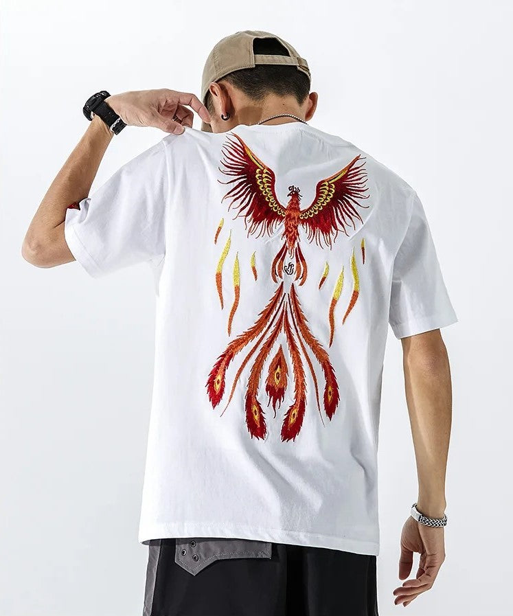 Besticktes Burning Phoenix-T-Shirt, japanischer Streetstyle (Unisex)