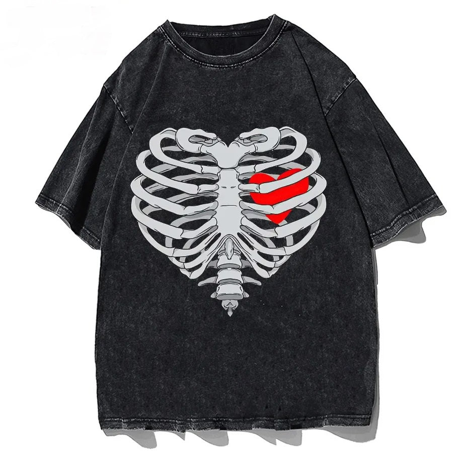 Skeleton Heart Washed Vintage T shirt