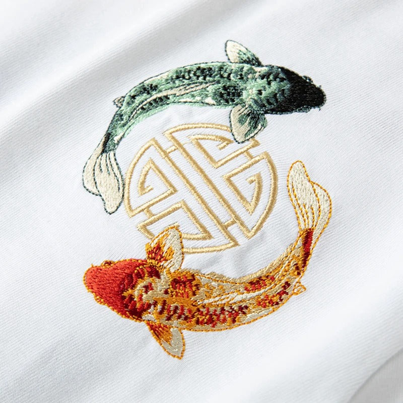 T-Shirt aus Baumwolle mit Koi-Fisch-Stickerei