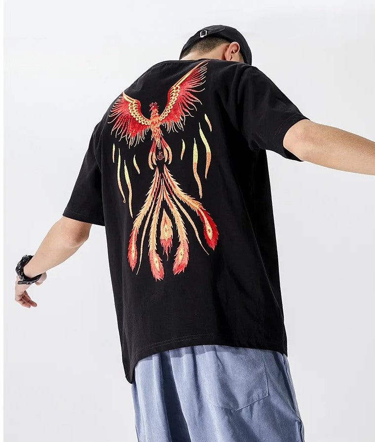 Embroidered Burning Phoenix T-shirt, Japan Street Style (Unisex)