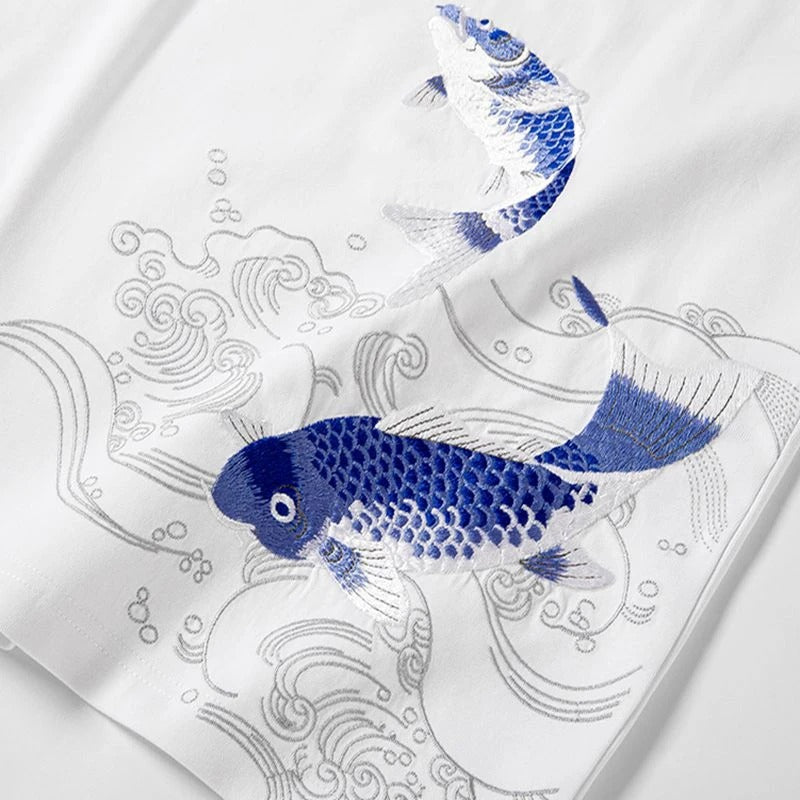 T-Shirt aus Baumwolle mit Koi-Fisch-Stickerei