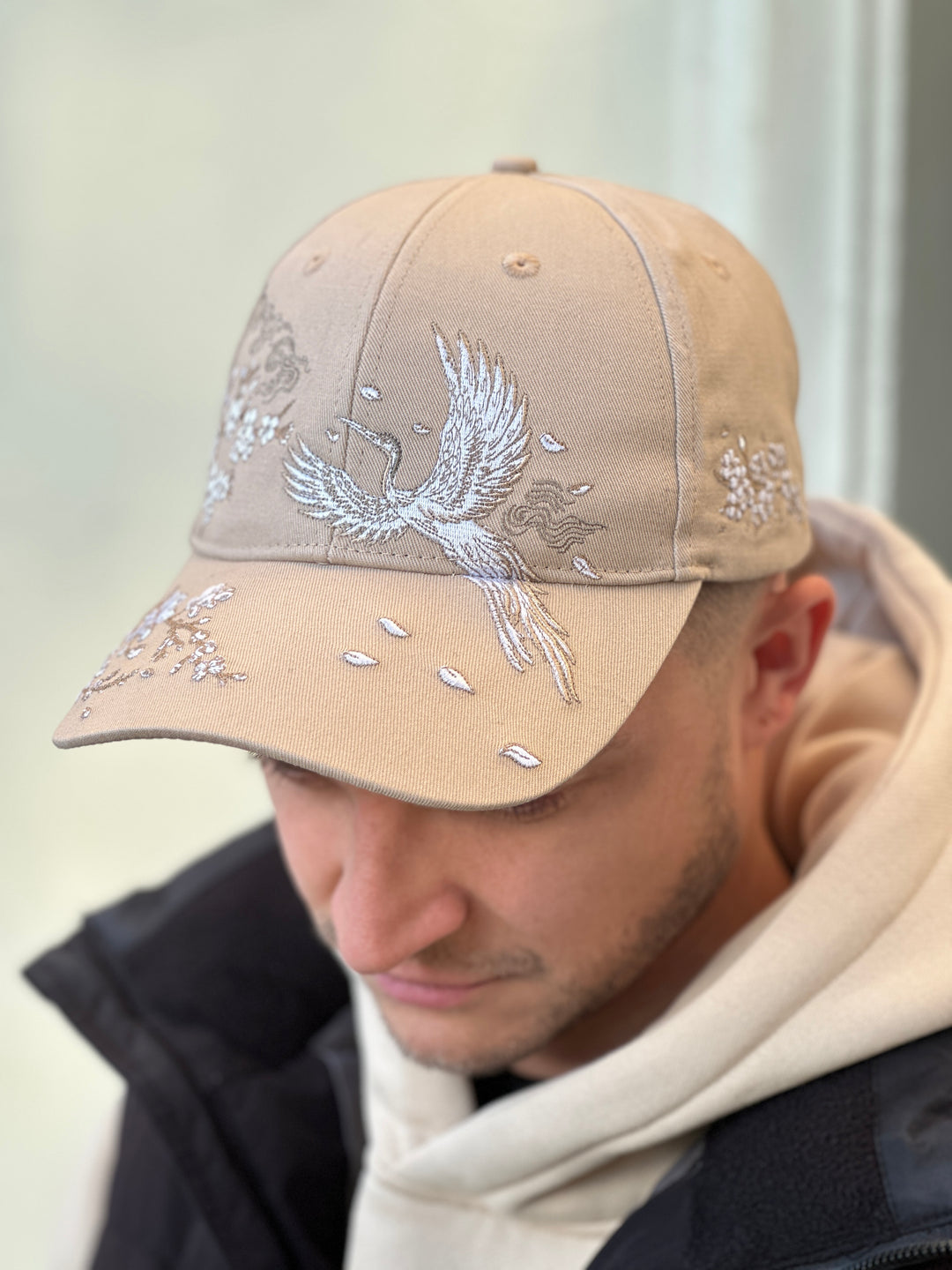 Sakura Crane Embroidered Cap - Unisex - Sakura Sand
