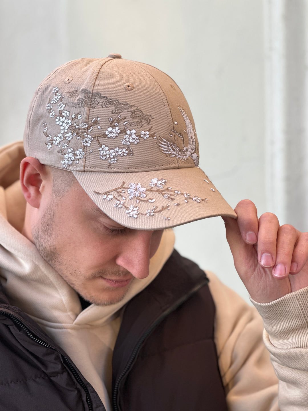 Sakura Crane Embroidered Cap - Unisex - Sakura Sand