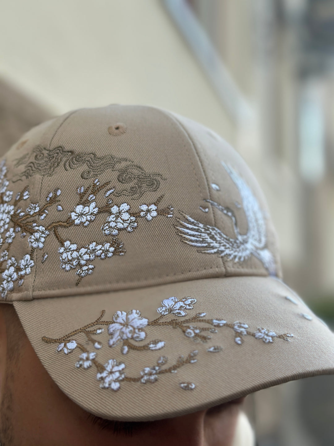 Sakura Crane Embroidered Cap - Unisex - Sakura Sand