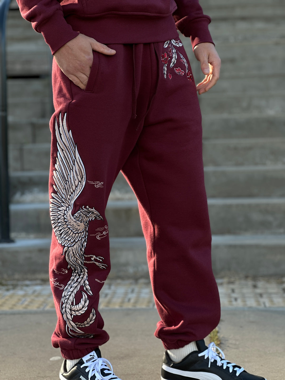 (PRE-ORDER) Heavy Embroidery White Gold Phoenix Sweatpants 400GSM