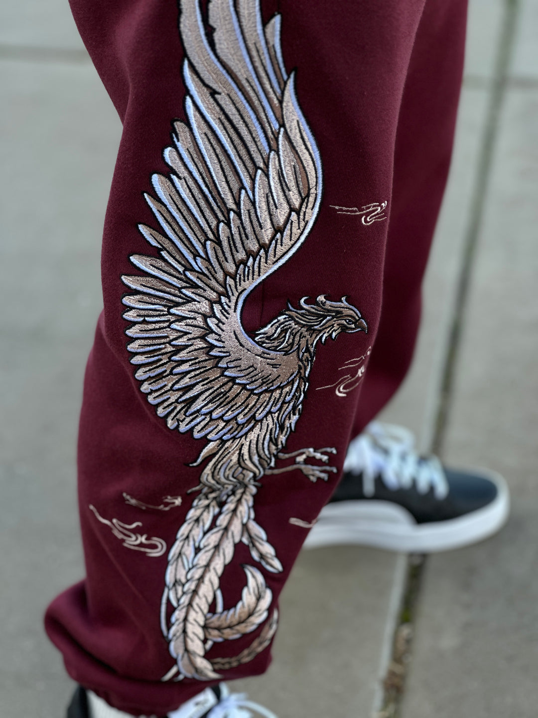 (PRE-ORDER) Heavy Embroidery White Gold Phoenix Sweatpants 400GSM