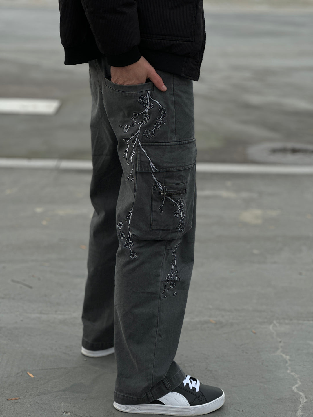 (PRE-ORDER) Embroidery Titanium Sakura -  Unisex Loose Cargo Pants