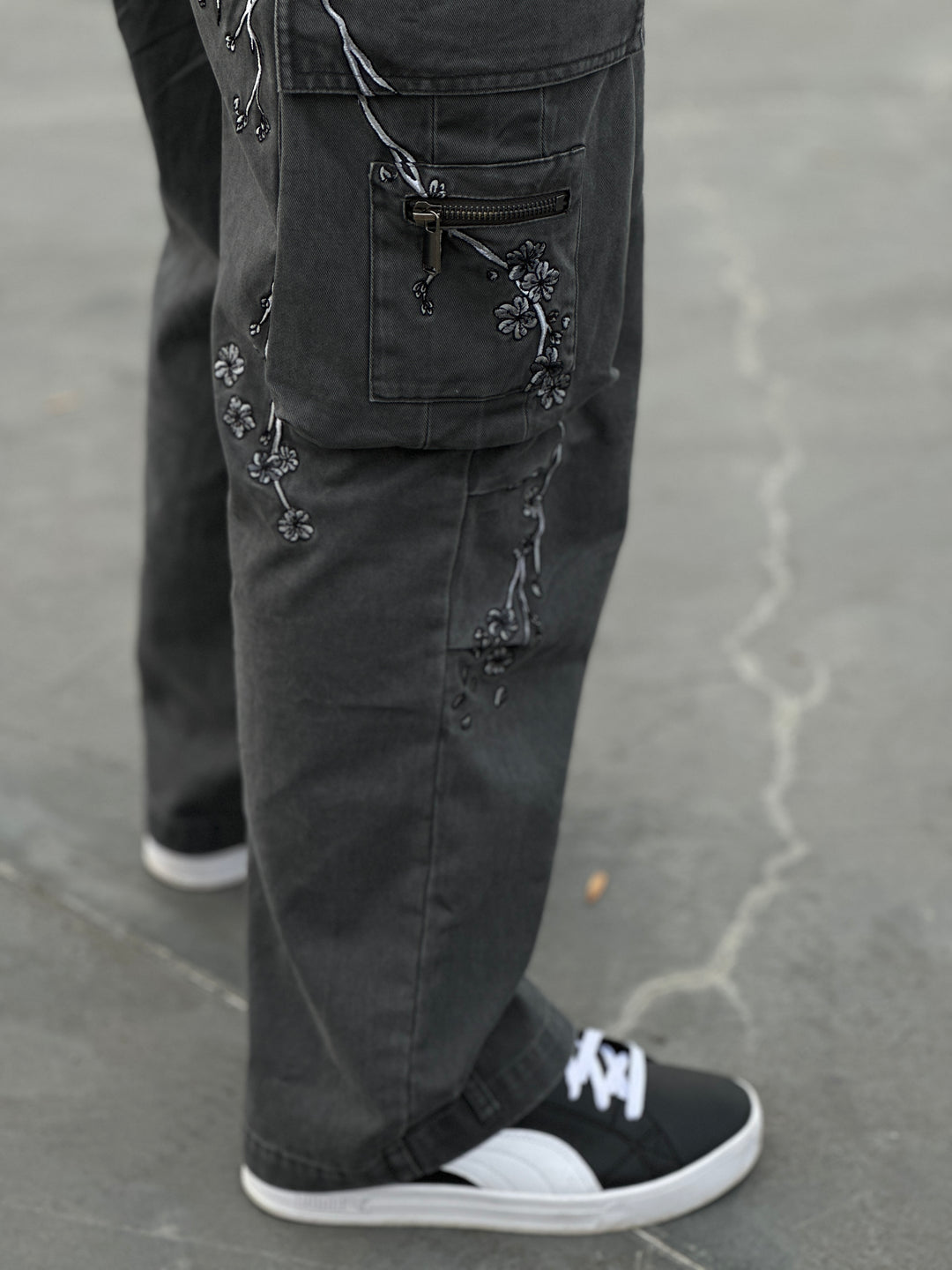 (PRE-ORDER) Embroidery Titanium Sakura -  Unisex Loose Cargo Pants