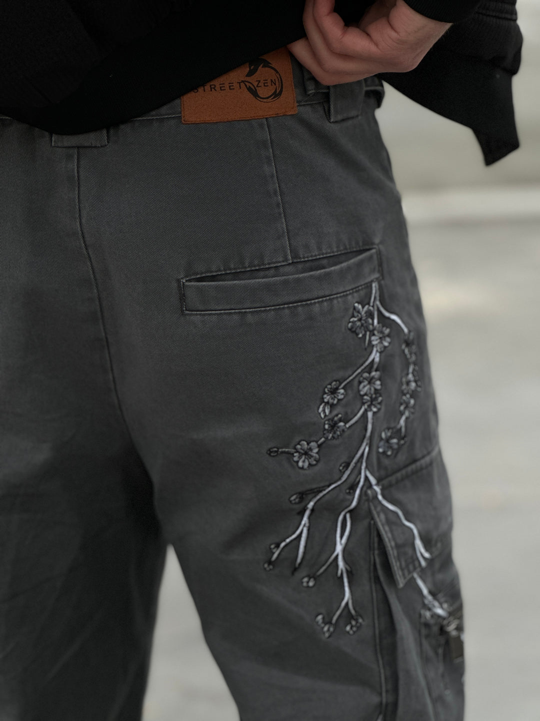 (PRE-ORDER) Embroidery Titanium Sakura -  Unisex Loose Cargo Pants
