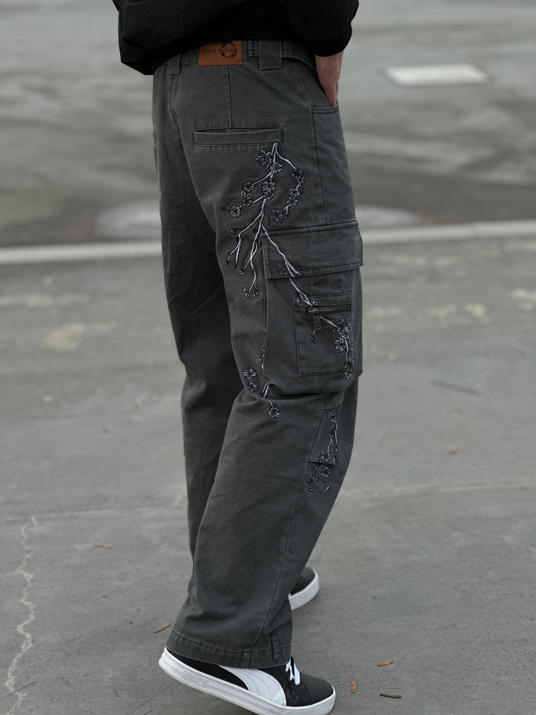 (PRE-ORDER) Embroidery Titanium Sakura -  Unisex Loose Cargo Pants