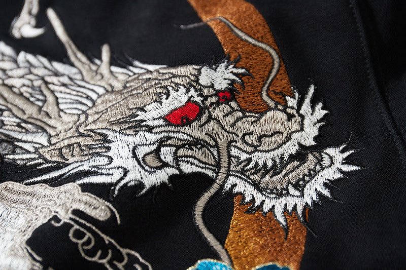 Crescent Moon Dragon - Embroidered Zip Fleece Hoodie